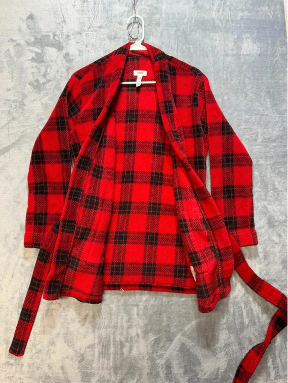 PINK Victoria Secret Womens Plush Fleece Robe Buffalo Plaid Red Black Size XS/S - Picture 3 of 8